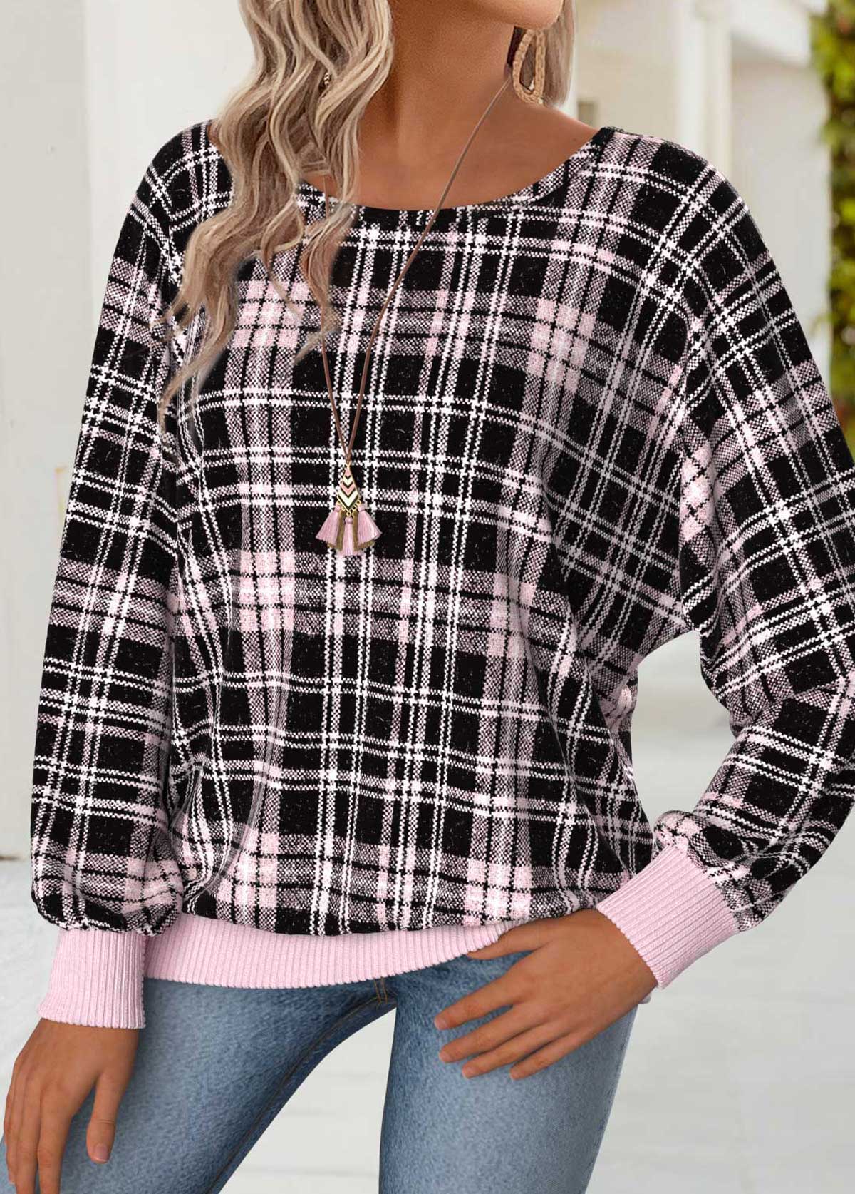 Plaid Tummy Coverage Light Pink Long Sleeve T Shirt