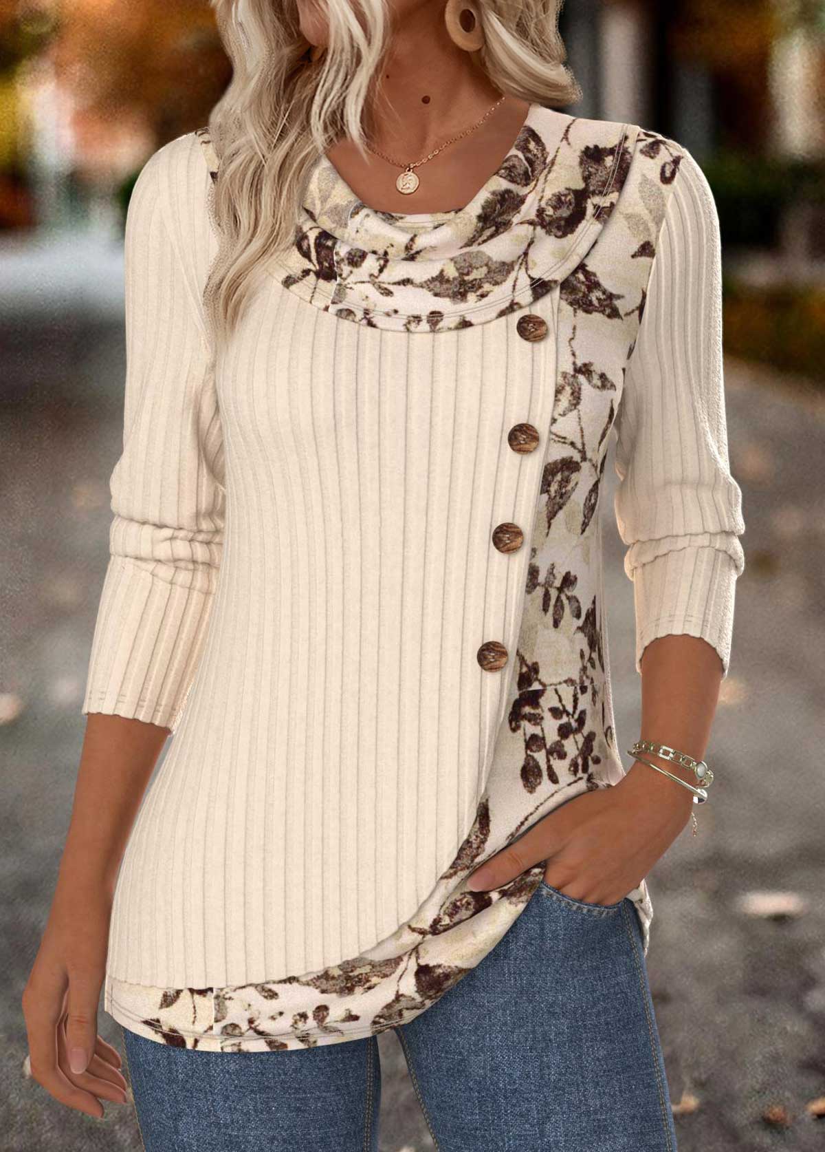 Floral Print Tummy Coverage Beige Long Sleeve T Shirt