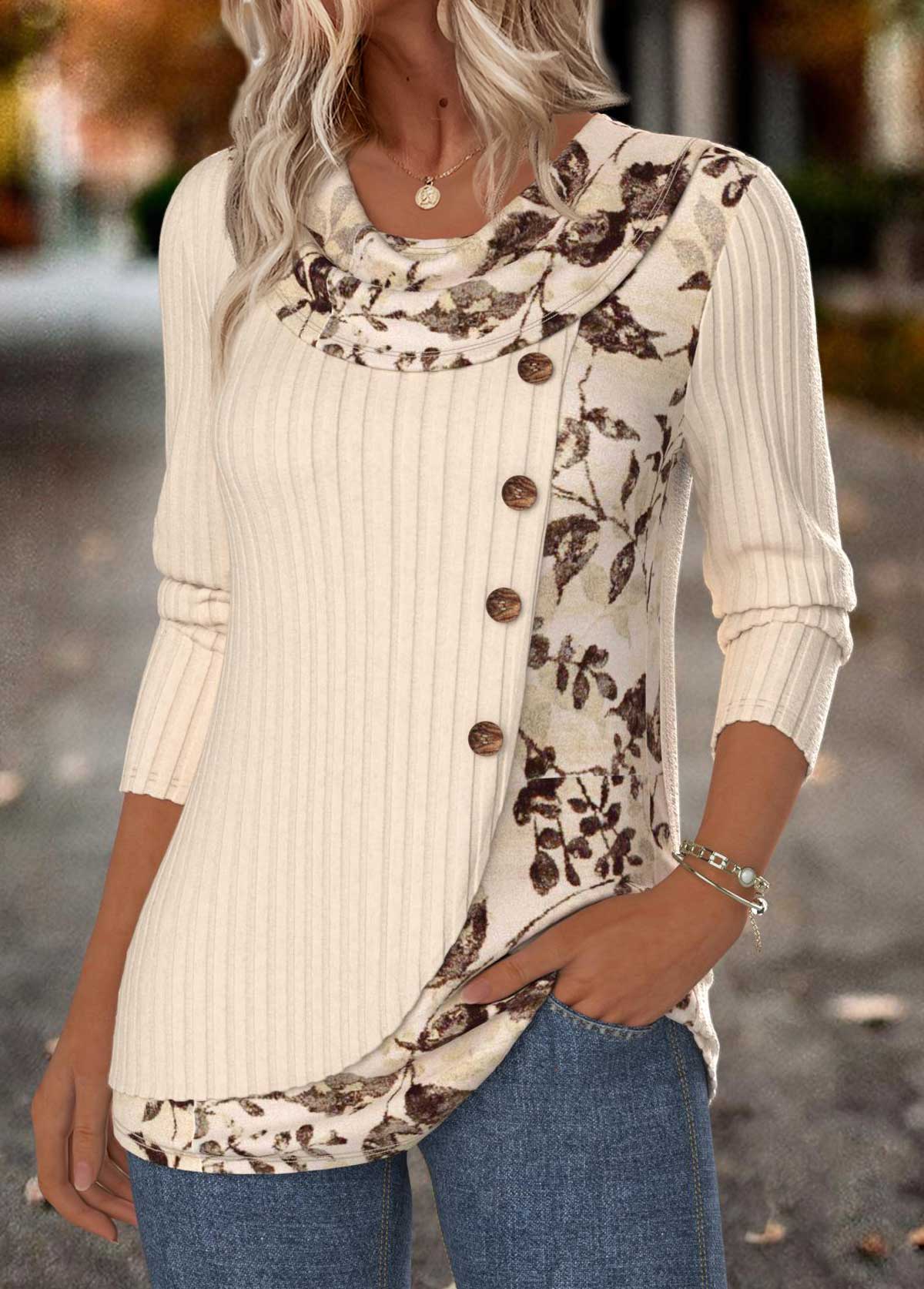 Floral Print Tummy Coverage Beige Long Sleeve T Shirt