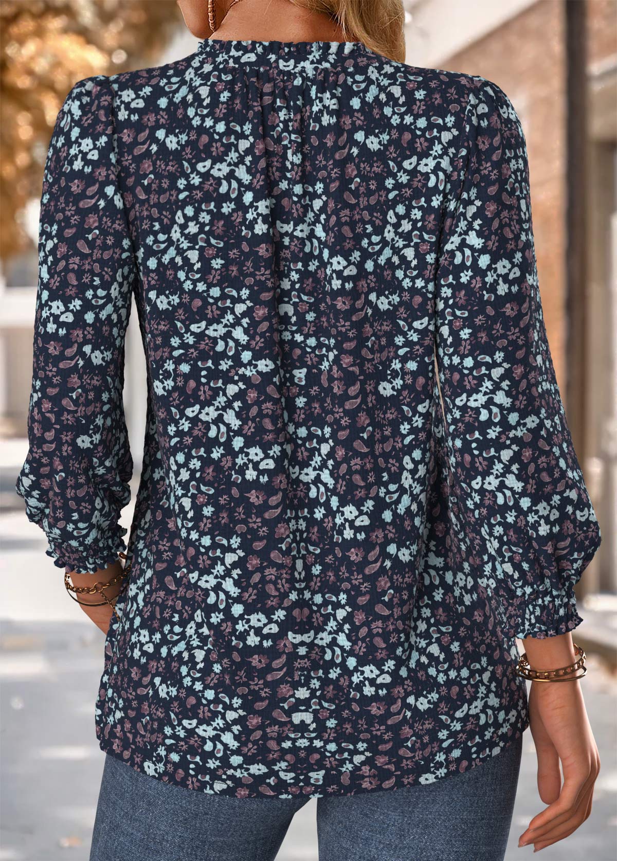 Floral Print Frill Navy Long Sleeve V Neck Blouse