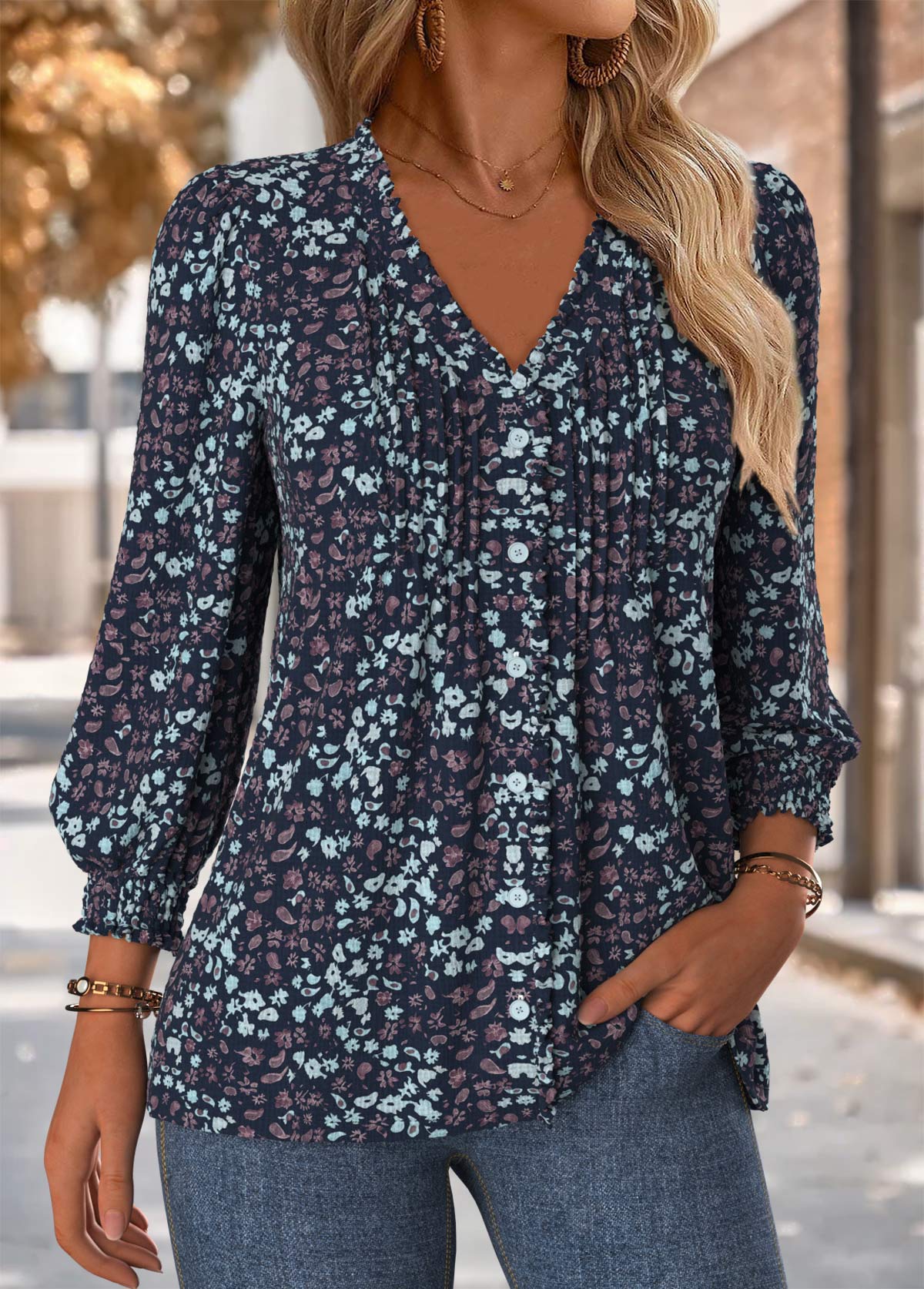 Floral Print Frill Navy Long Sleeve V Neck Blouse