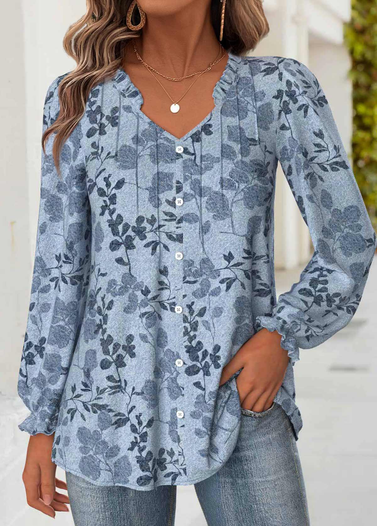 Leaf Print Tummy Coverage Denim Blue Long Sleeve Blouse