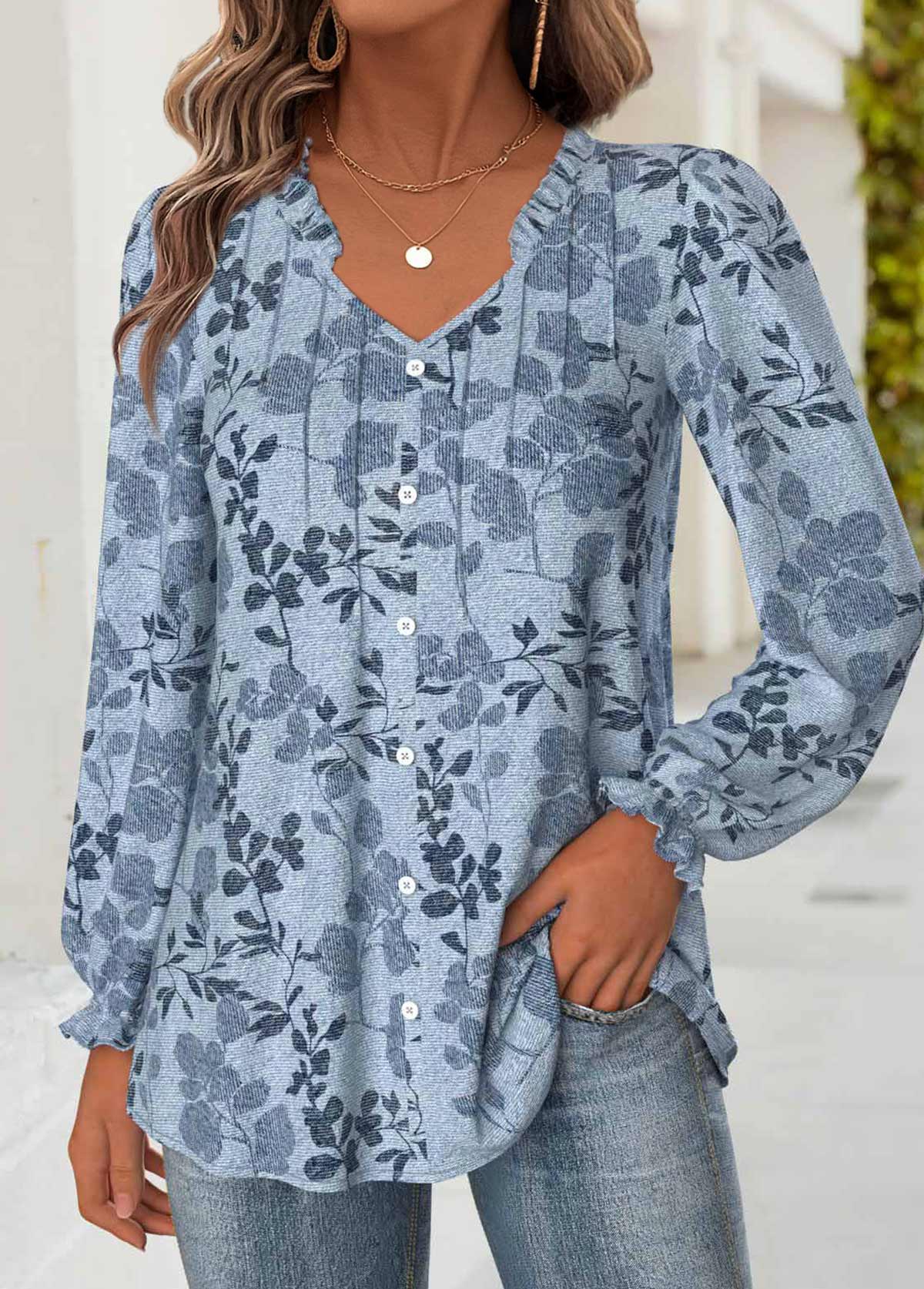 Leaf Print Tummy Coverage Denim Blue Long Sleeve Blouse