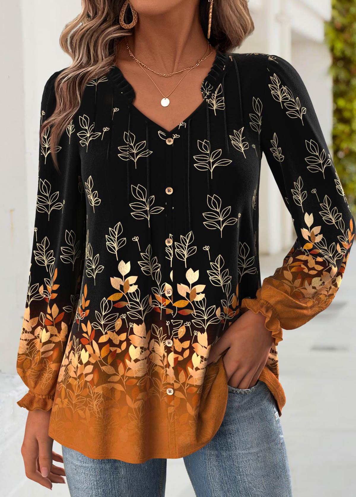 Leaf Print Tummy Coverage Black Long Sleeve Blouse