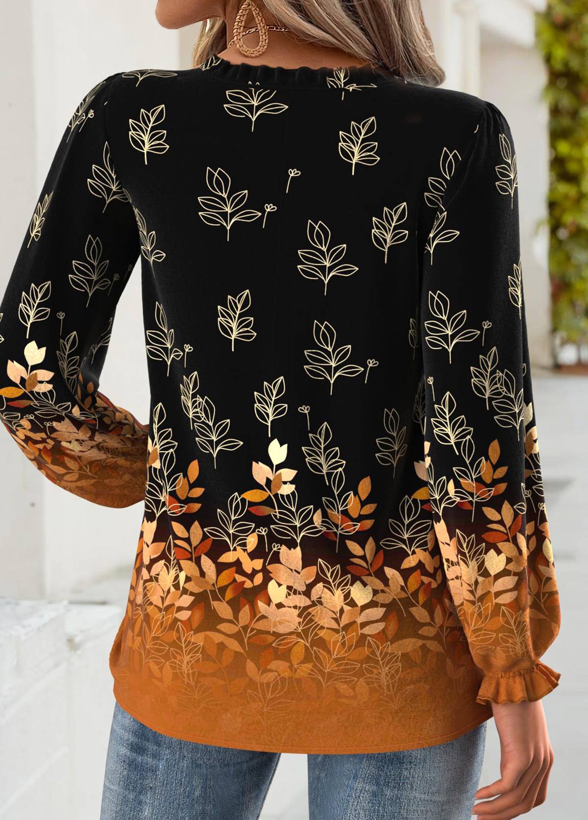 Leaf Print Tummy Coverage Black Long Sleeve Blouse
