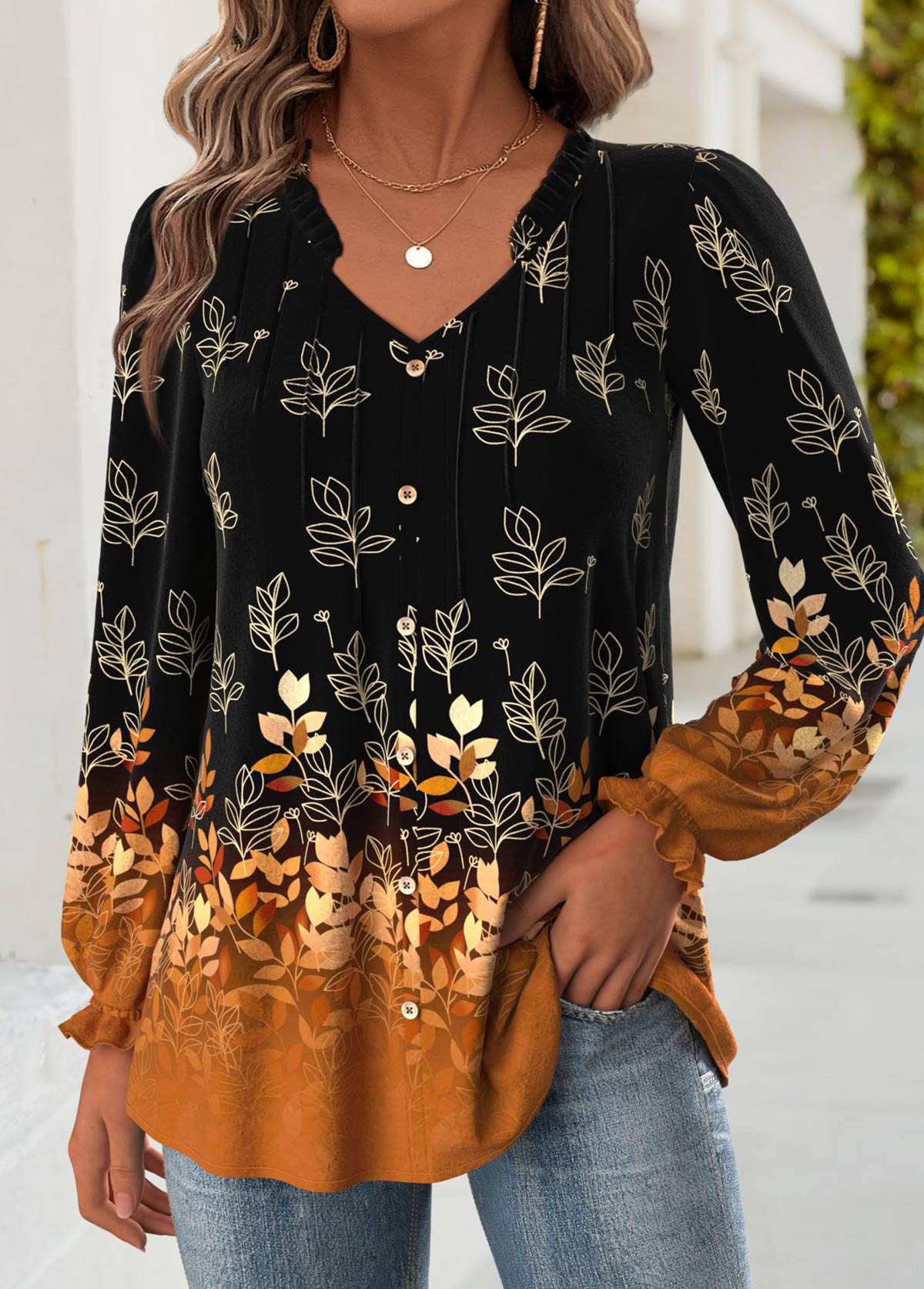 Leaf Print Tummy Coverage Black Long Sleeve Blouse