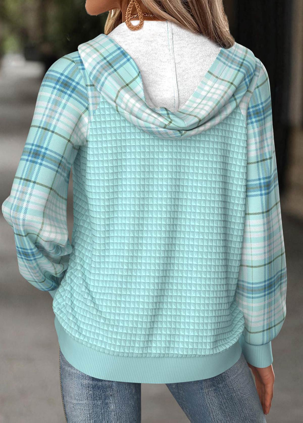 Plaid Tummy Coverage Mint Green Long Sleeve Hoodie