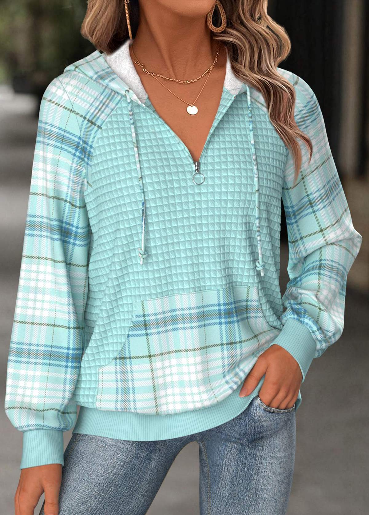 Plaid Tummy Coverage Mint Green Long Sleeve Hoodie