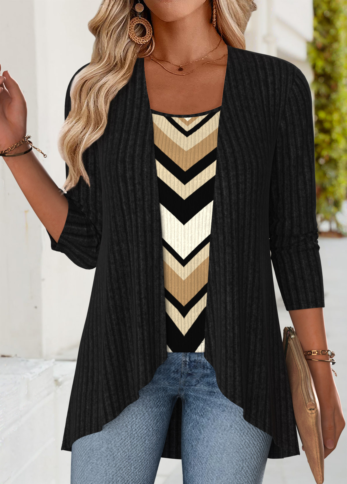 Geometric Print Tummy Coverage Black Fake Two Piece Twinset