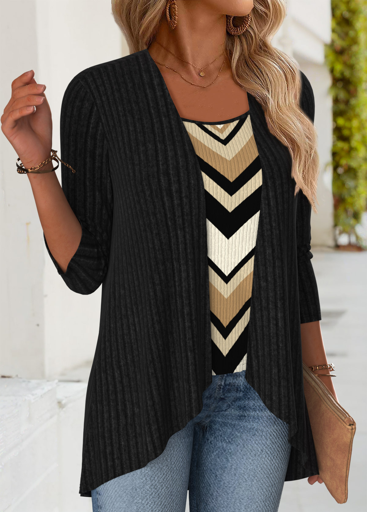 Geometric Print Tummy Coverage Black Fake Two Piece Twinset