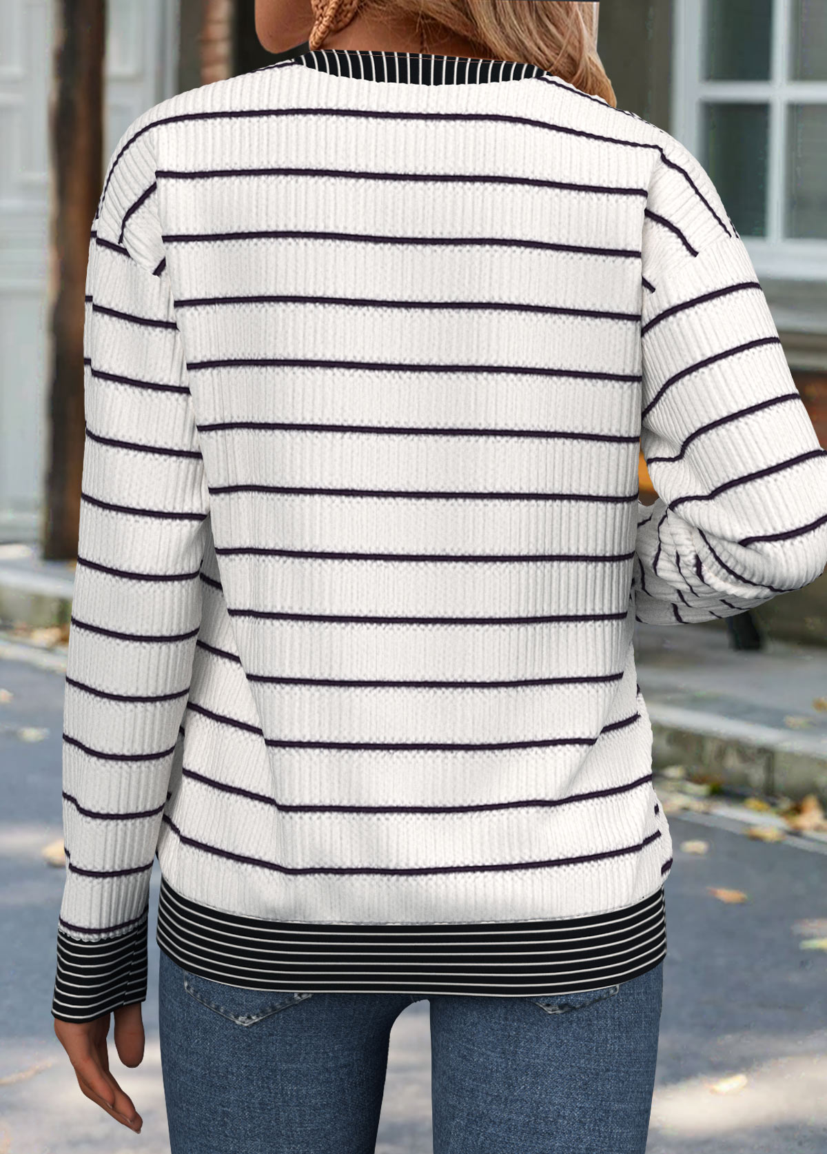 Striped Patchwork Raw White Long Sleeve Round Neck Sweatshirt