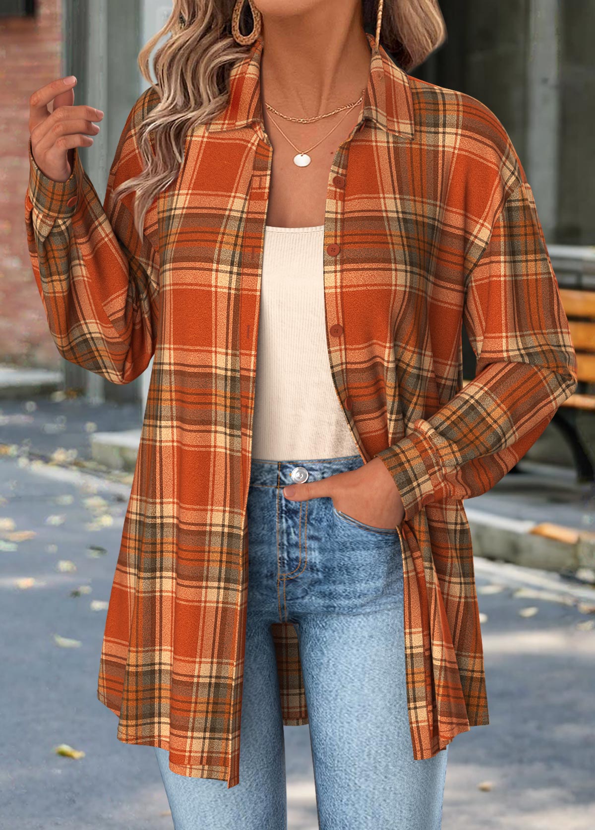 Plaid Tummy Coverage Orange Long Sleeve Shirt