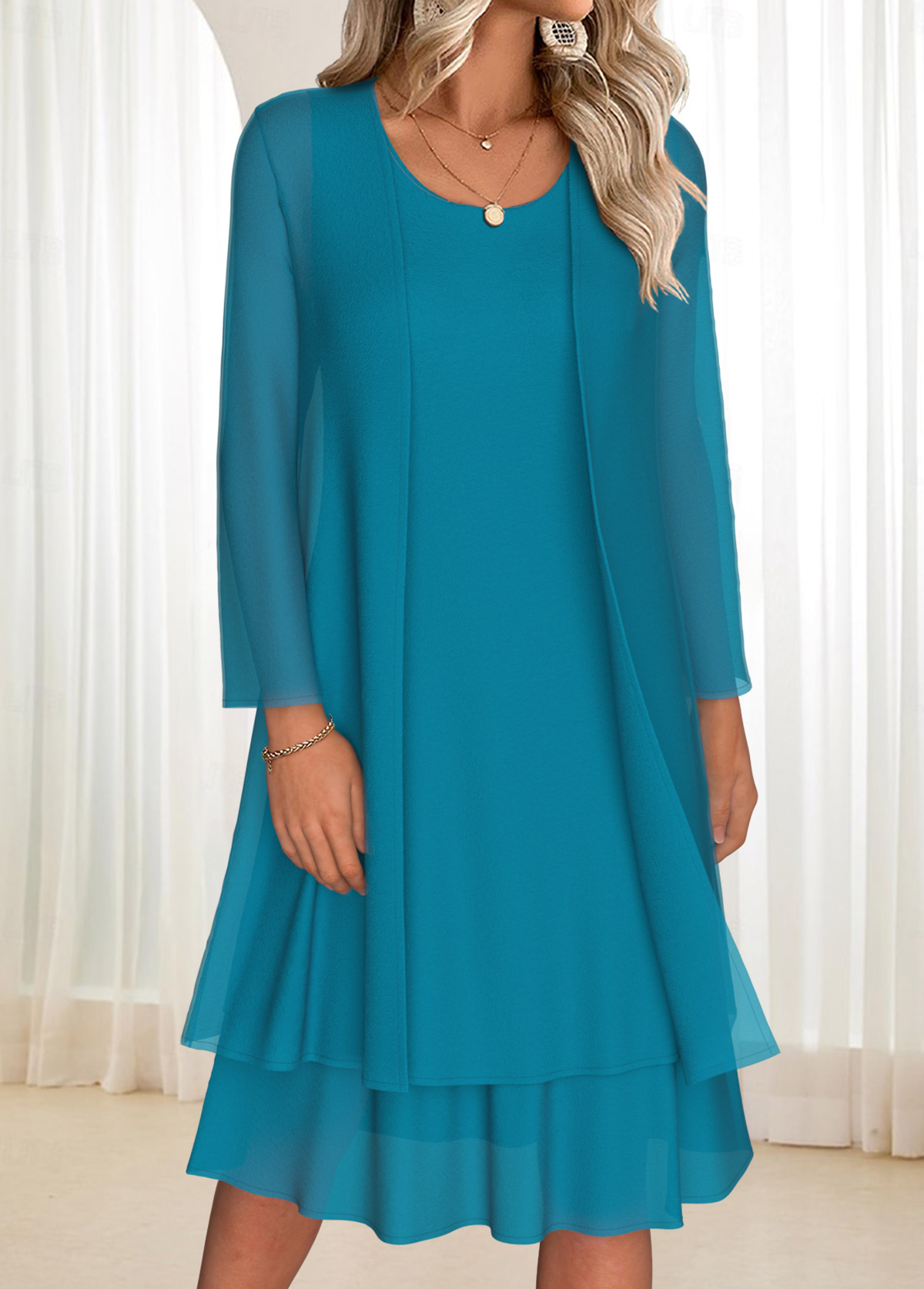 Tummy Coverage Turquoise Long Sleeve Dress and Cardigan