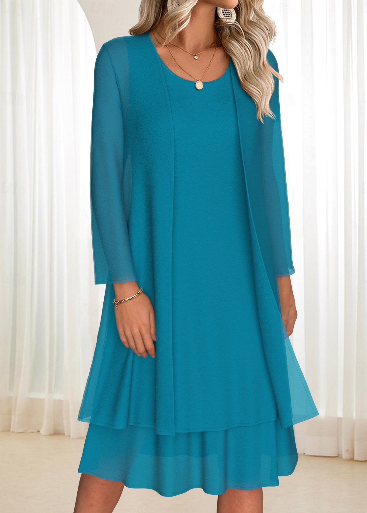 Tummy Coverage Turquoise Long Sleeve Dress and Cardigan