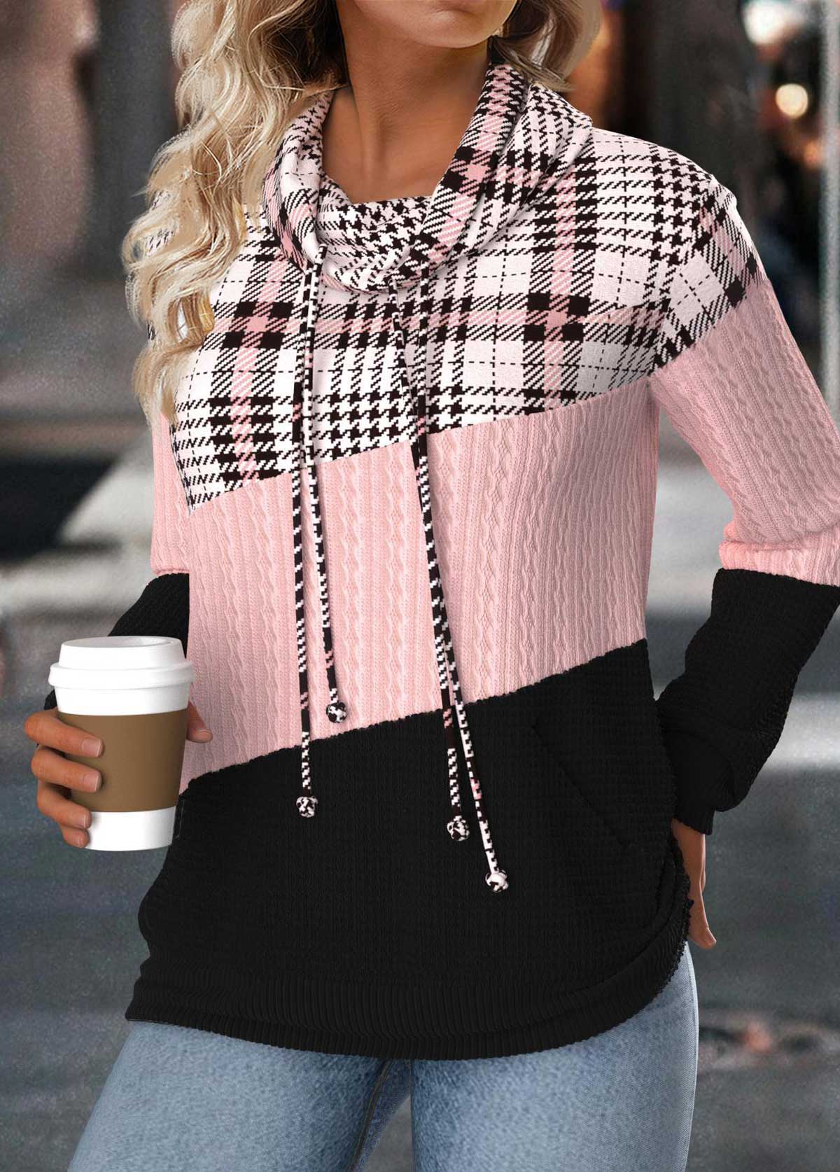 Plaid Tummy Coverage Light Pink Long Sleeve Sweatshirt