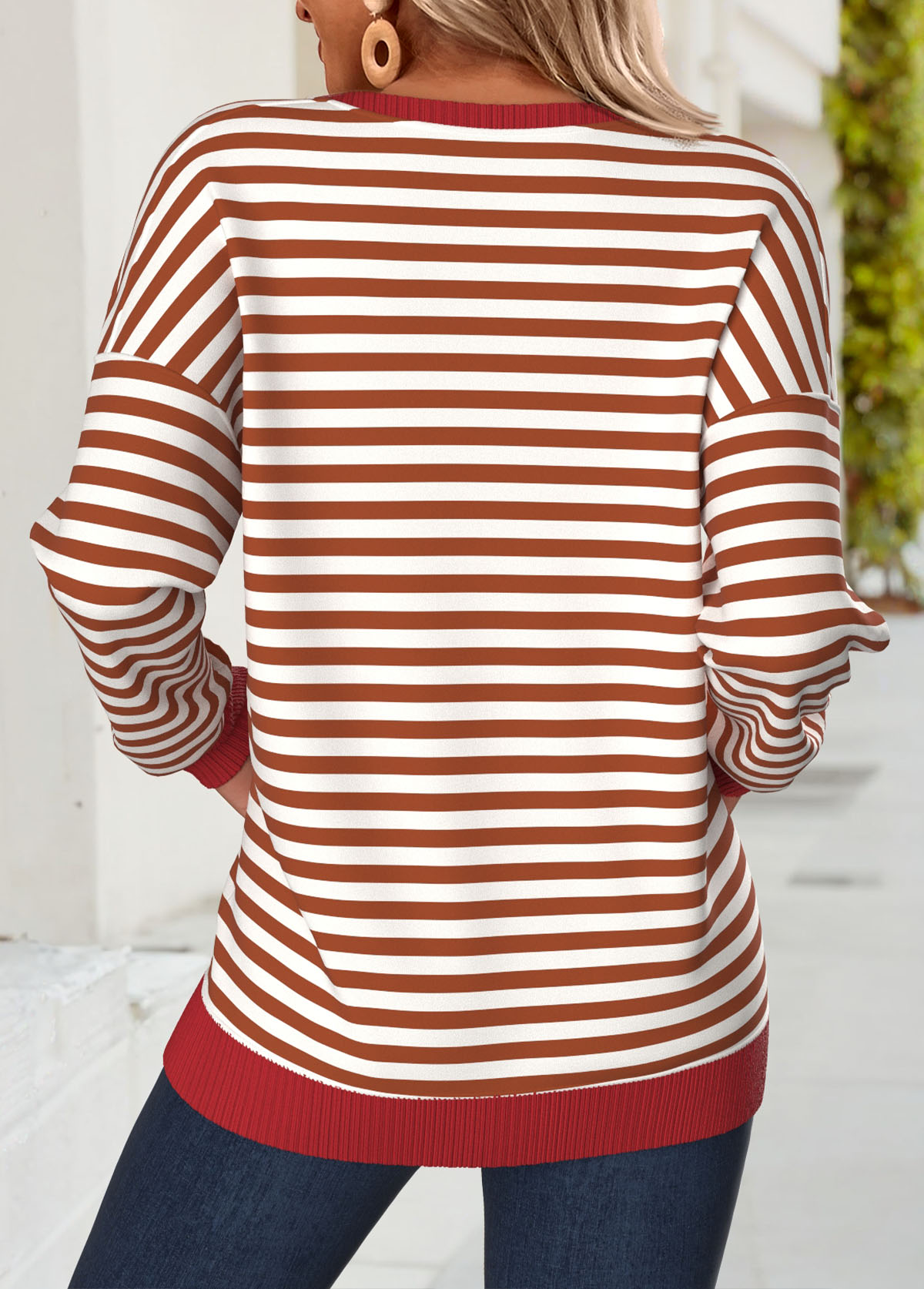 Striped Tummy Coverage Red Long Sleeve Round Neck Sweatshirt