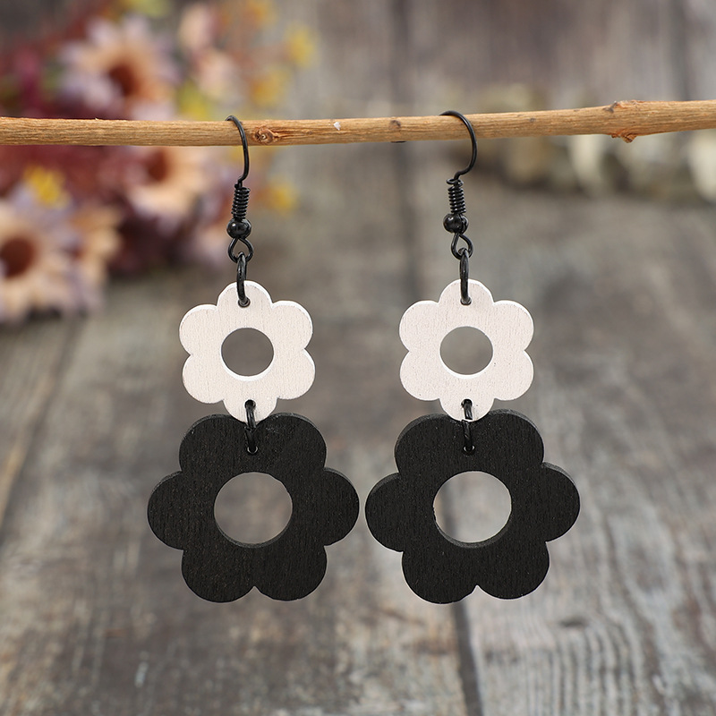 Black Hollow Floral Wood Design Earrings