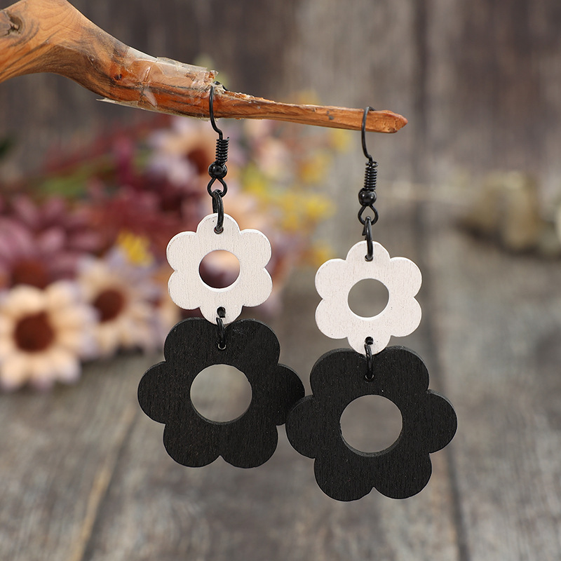 Black Hollow Floral Wood Design Earrings