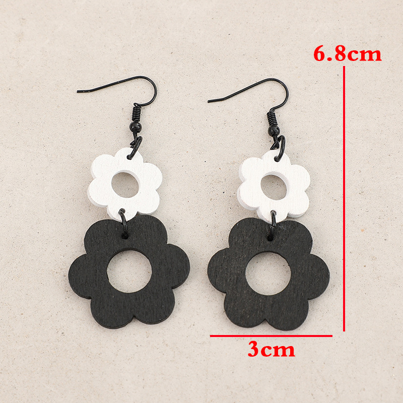Black Hollow Floral Wood Design Earrings