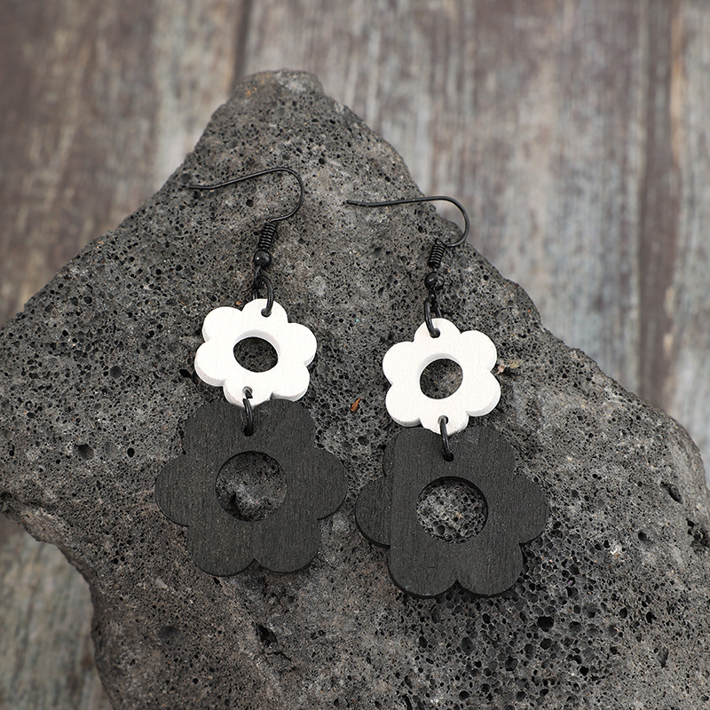 Black Hollow Floral Wood Design Earrings
