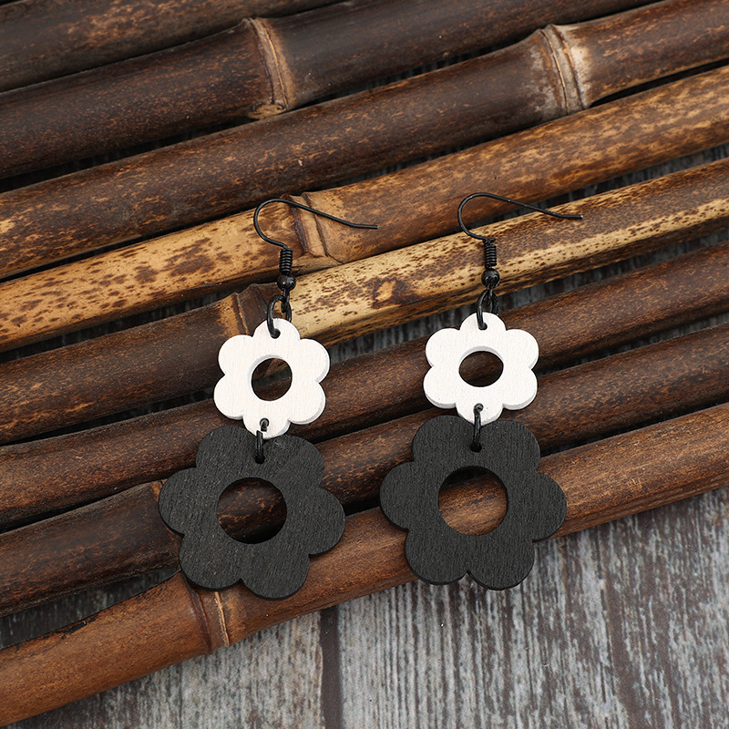 Black Hollow Floral Wood Design Earrings