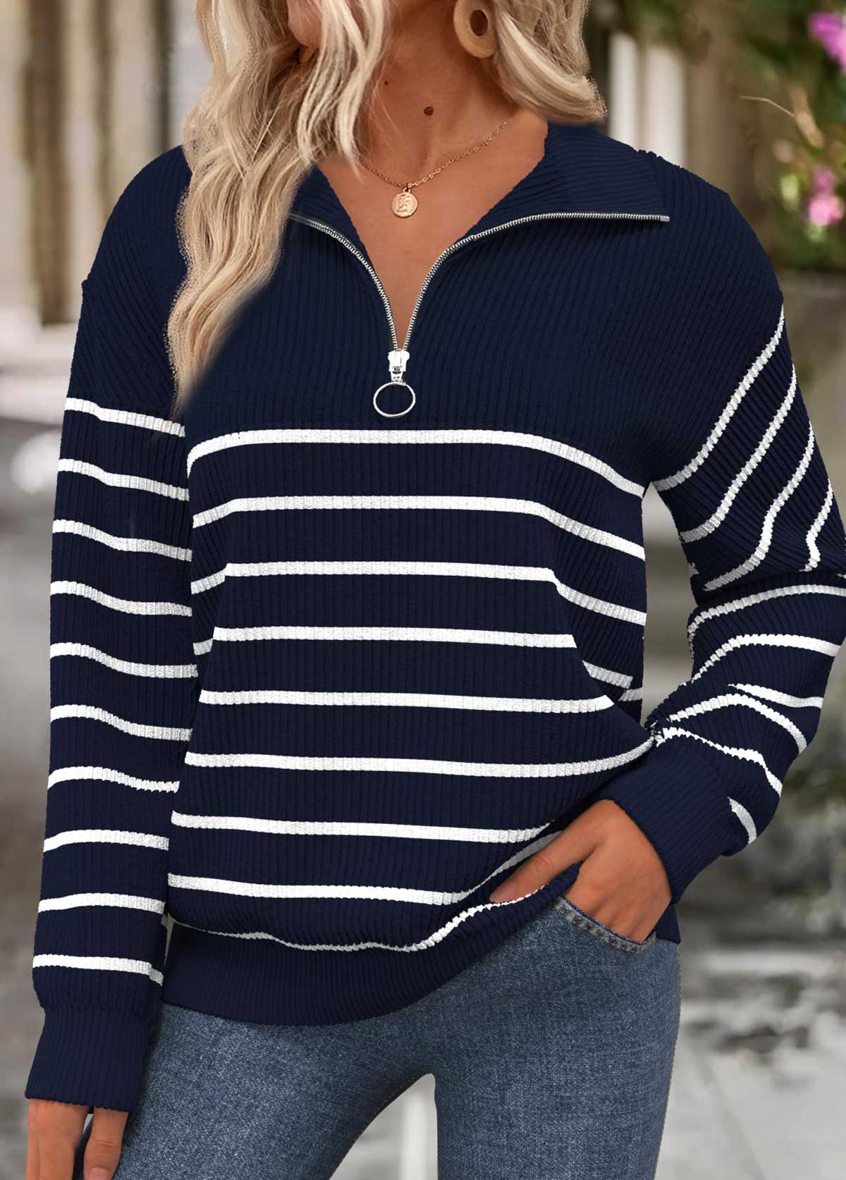 Striped Tummy Coverage Navy Long Sleeve Sweatshirt