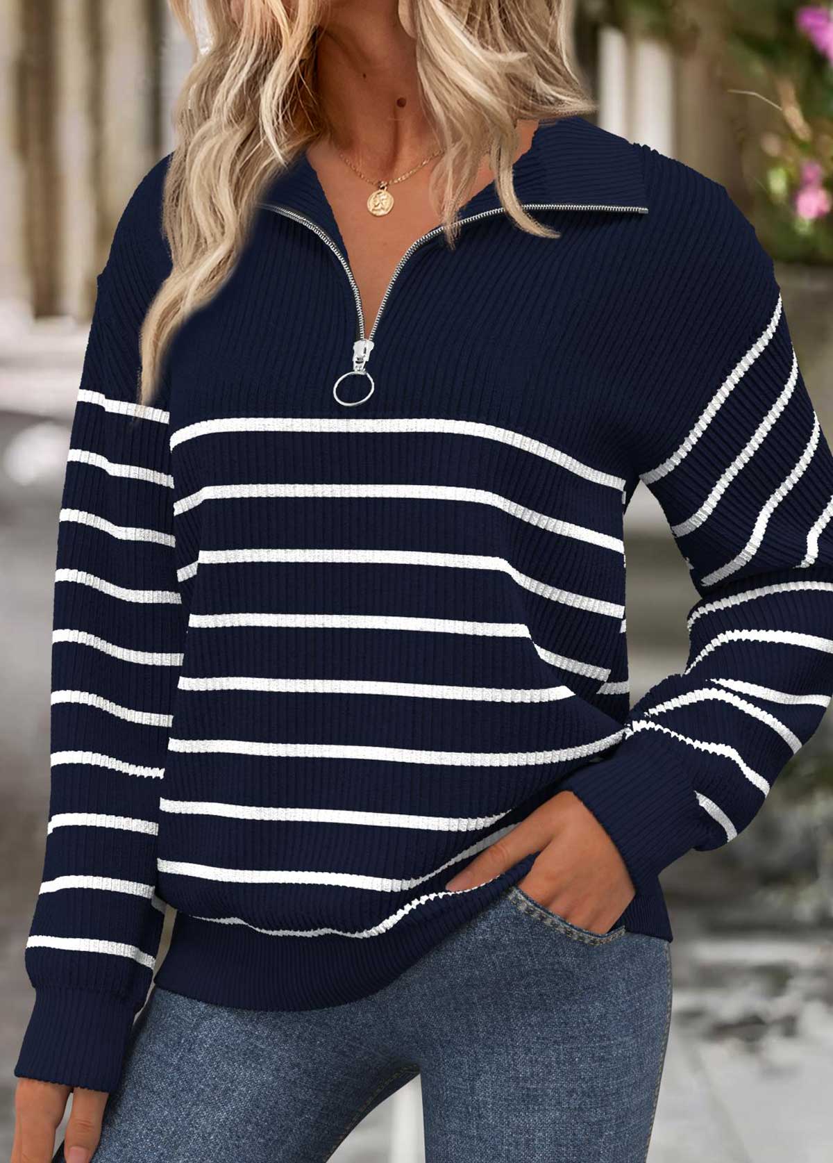 Striped Tummy Coverage Navy Long Sleeve Sweatshirt