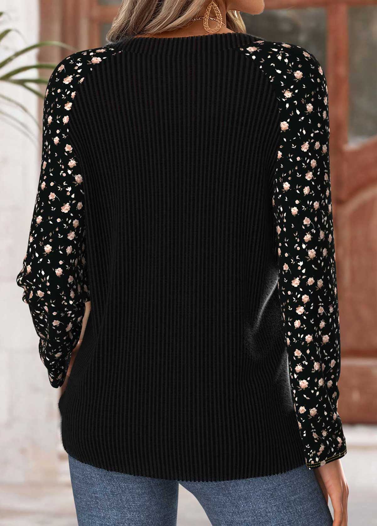 Ditsy Floral Print Tummy Coverage Black T Shirt