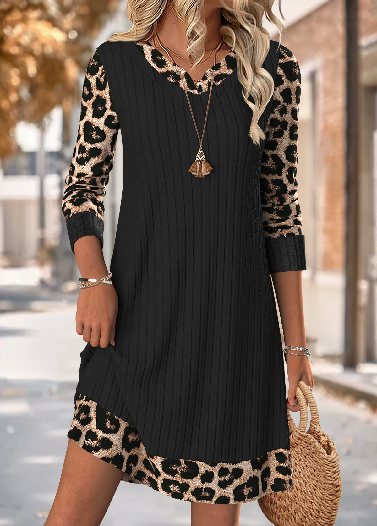 Leopard Tummy Coverage Black Short Long Sleeve Dress