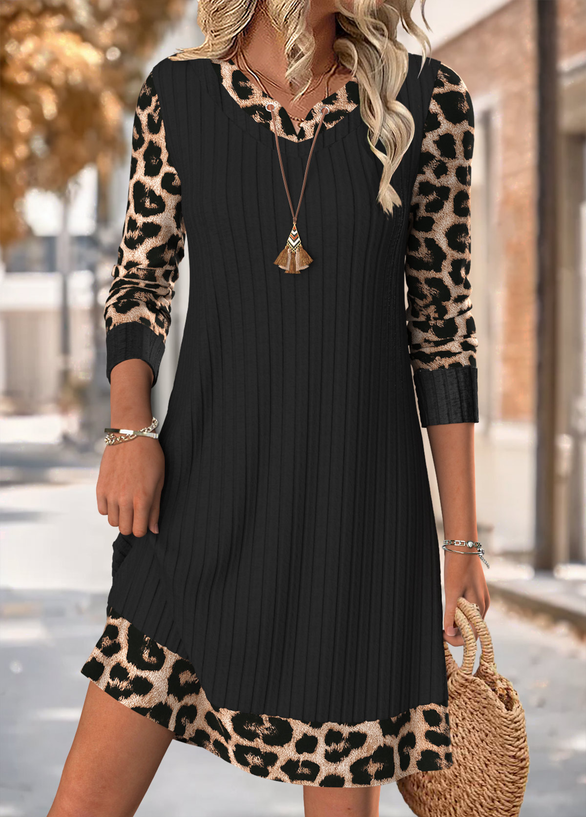Leopard Tummy Coverage Black Short Long Sleeve Dress