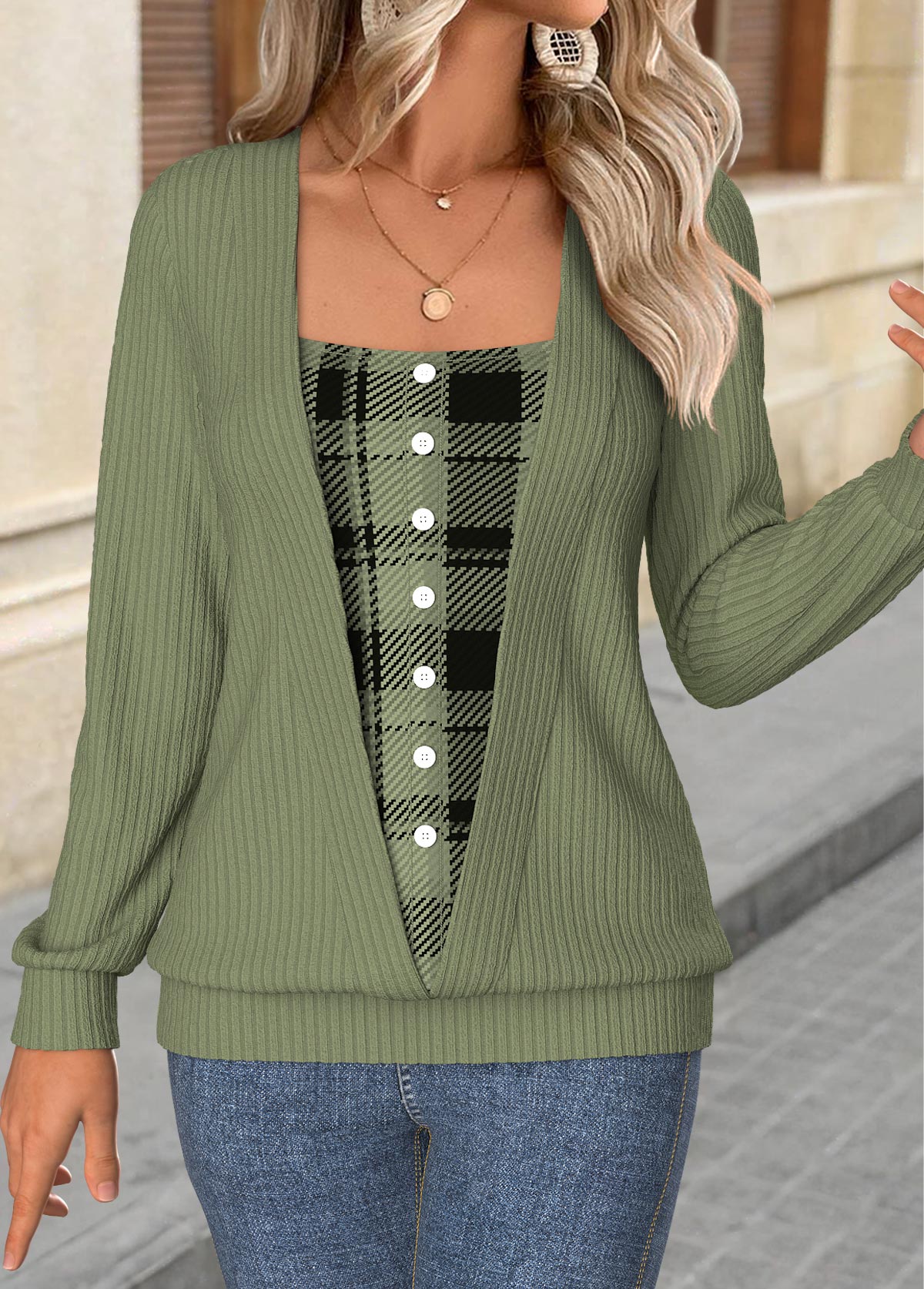 Plaid Tummy Coverage Sage Green Long Sleeve T Shirt