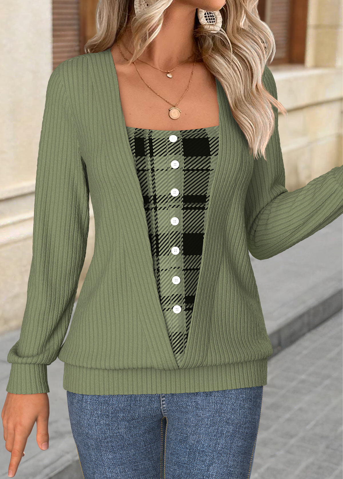 Plaid Tummy Coverage Sage Green Long Sleeve T Shirt