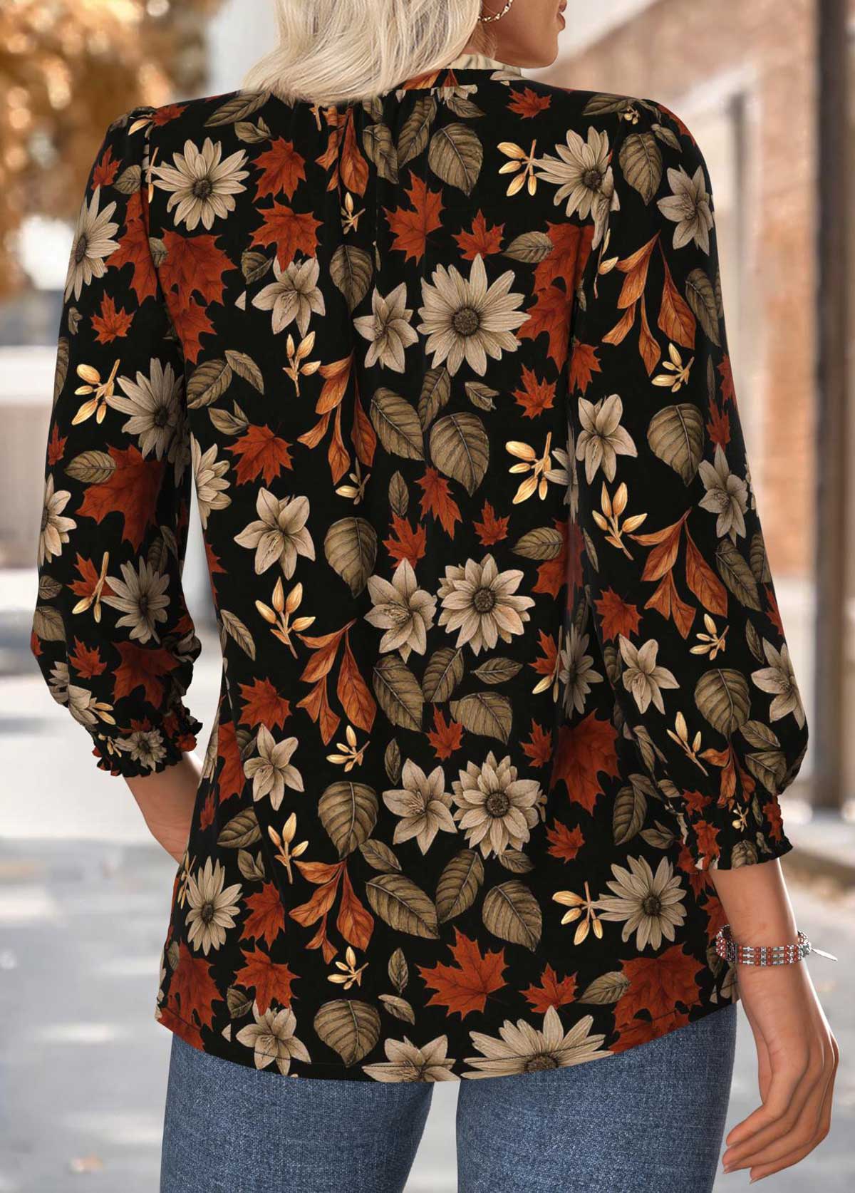 Floral Print Tummy Coverage Black Long Sleeve Blouse