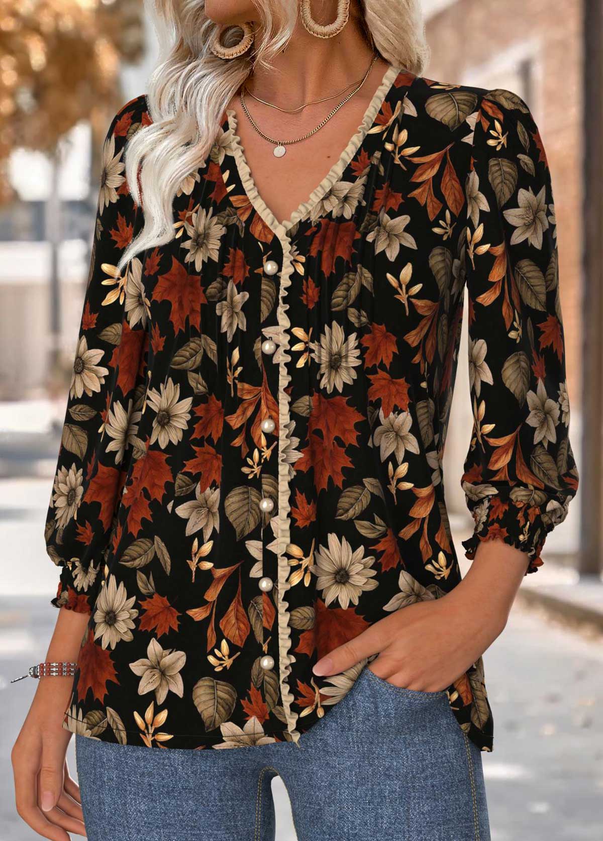 Floral Print Tummy Coverage Black Long Sleeve Blouse