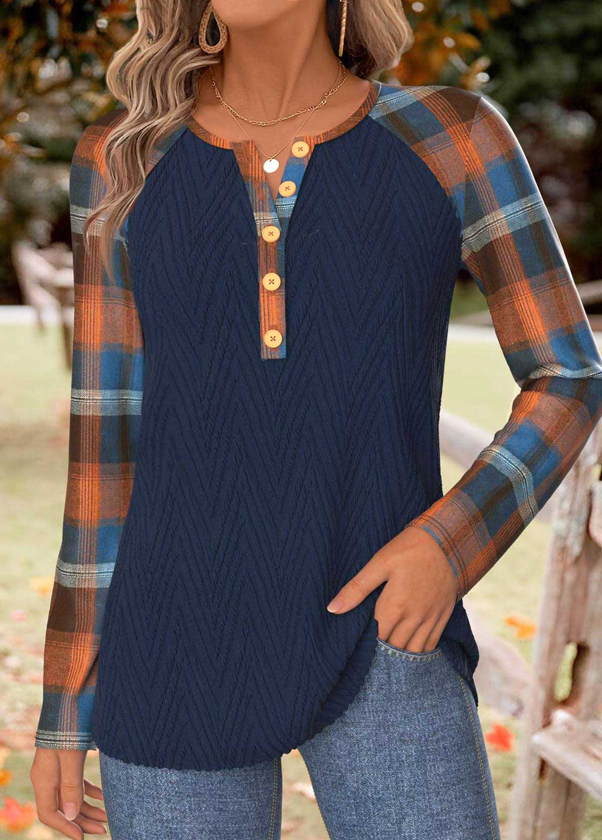 Plaid Tummy Coverage Navy Long Sleeve T Shirt