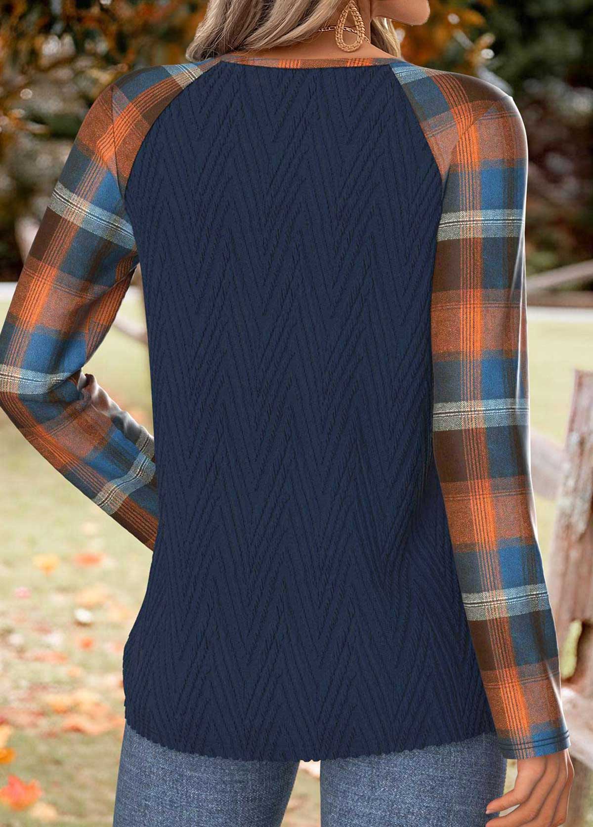 Plaid Tummy Coverage Navy Long Sleeve T Shirt