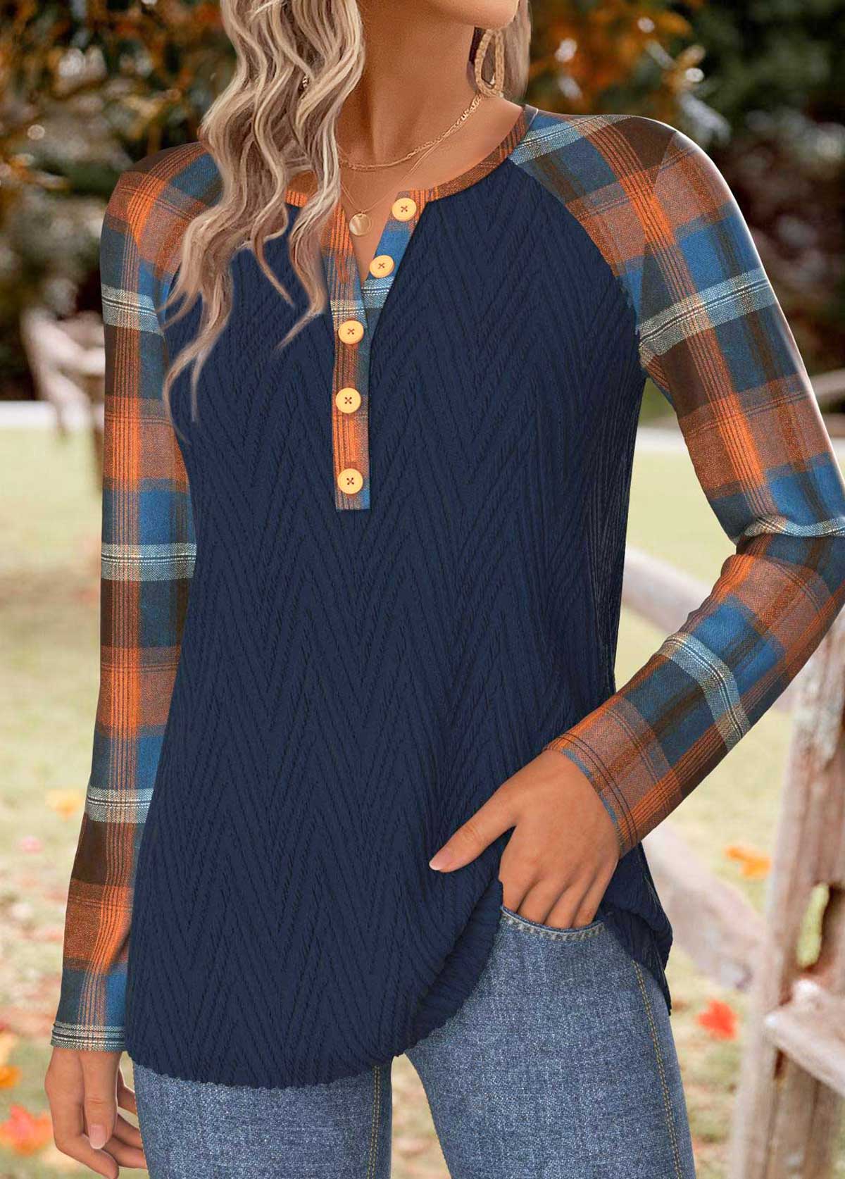 Plaid Tummy Coverage Navy Long Sleeve T Shirt
