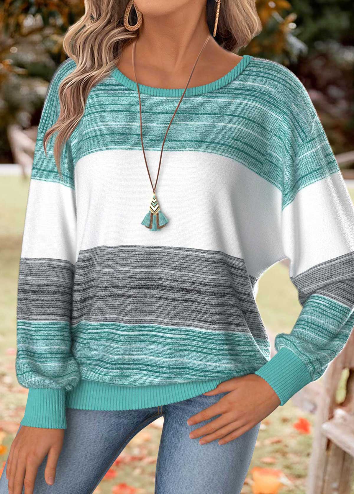 Striped Tummy Coverage Mint Green Long Sleeve T Shirt
