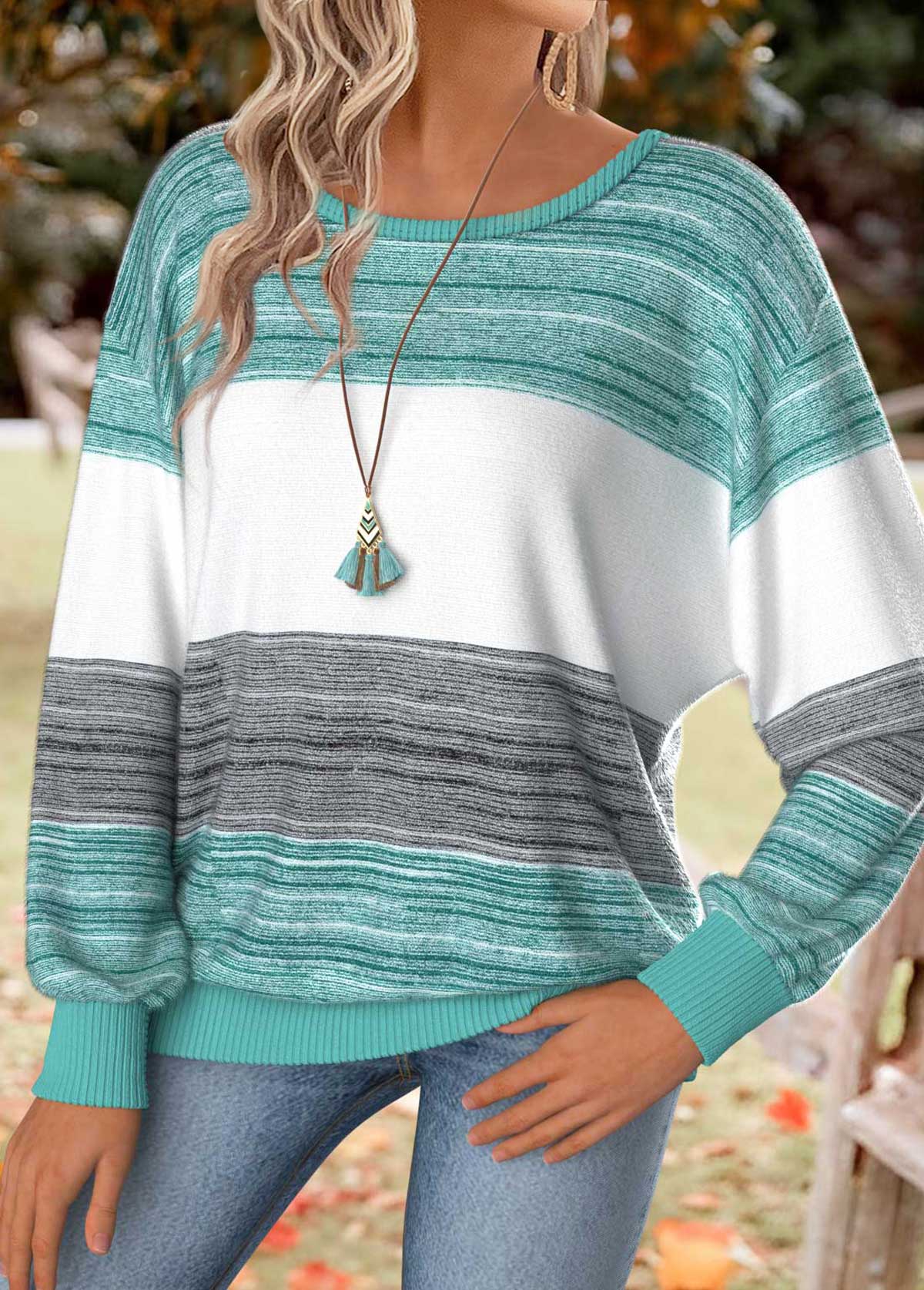 Striped Tummy Coverage Mint Green Long Sleeve T Shirt