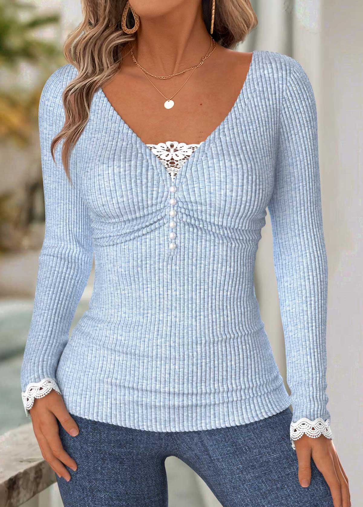 Tummy Coverage Light Blue Long Sleeve T Shirt