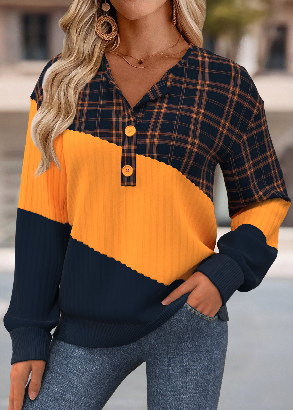 Plaid Tummy Coverage Multi Color Long Sleeve Sweatshirt