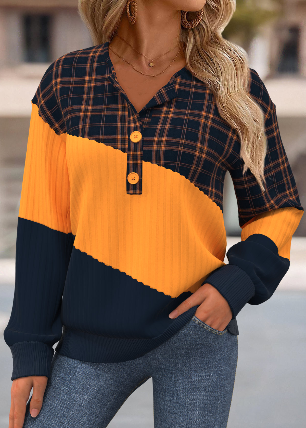 Plaid Tummy Coverage Multi Color Long Sleeve Sweatshirt