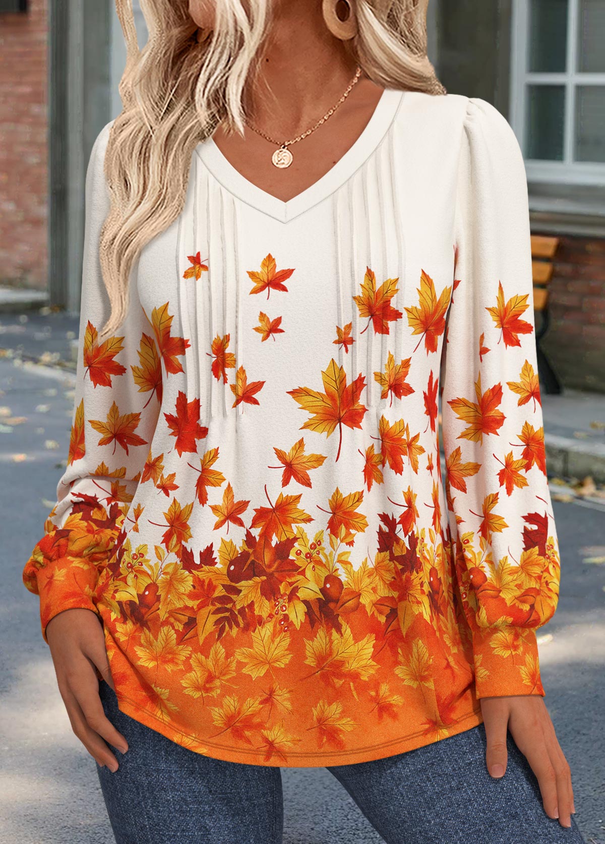 Leaf Print Tuck Stitch Orange Long Sleeve T Shirt