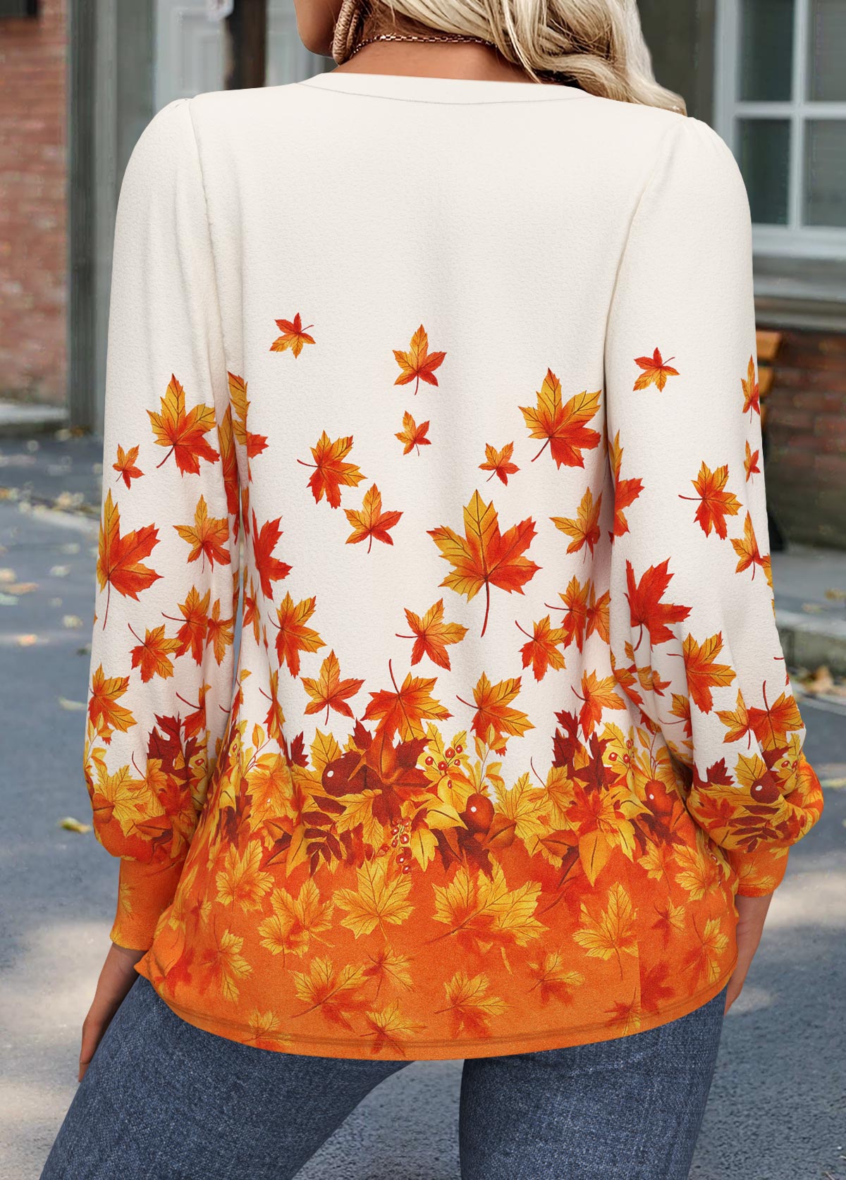 Leaf Print Tuck Stitch Orange Long Sleeve T Shirt