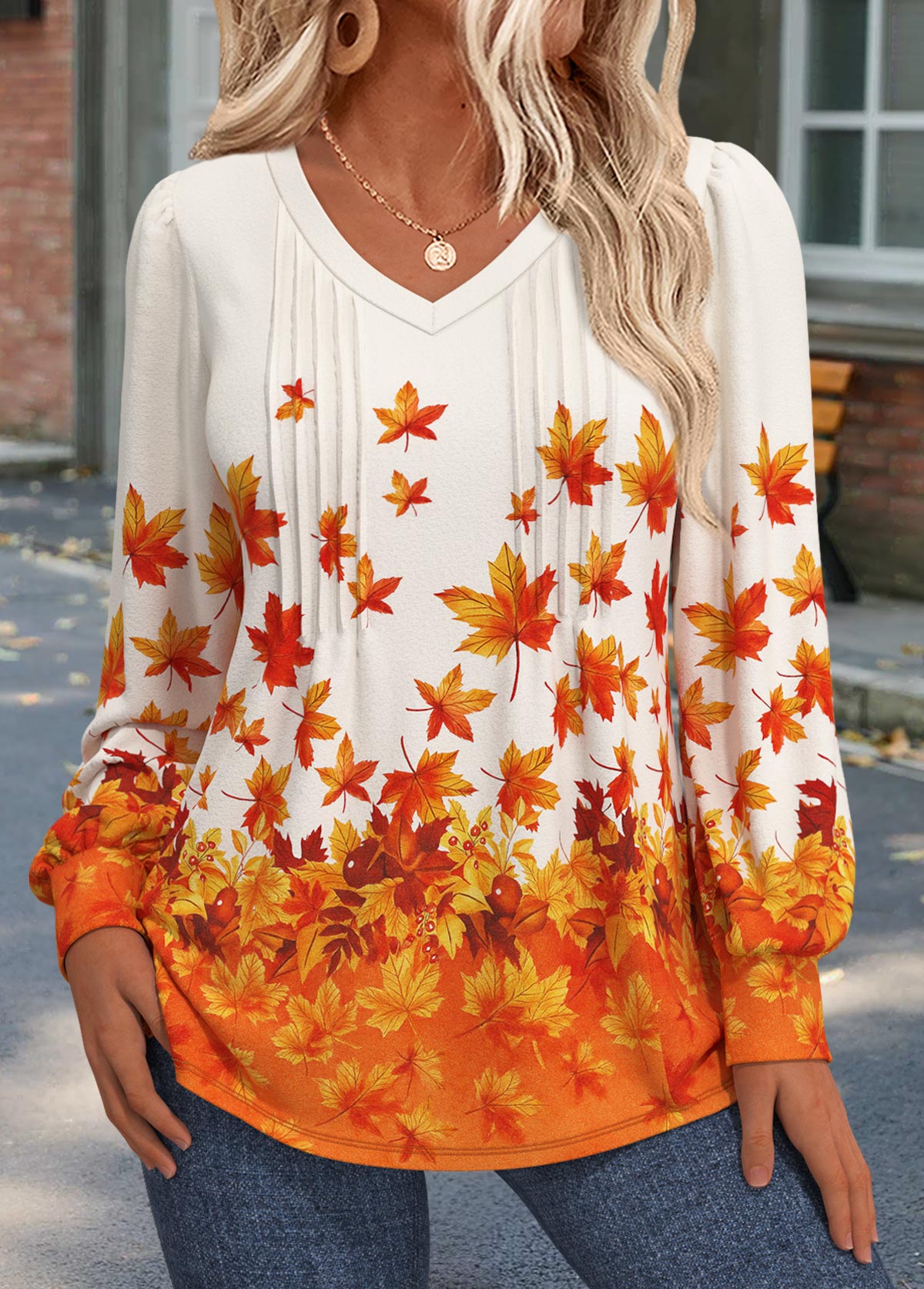 Leaf Print Tuck Stitch Orange Long Sleeve T Shirt