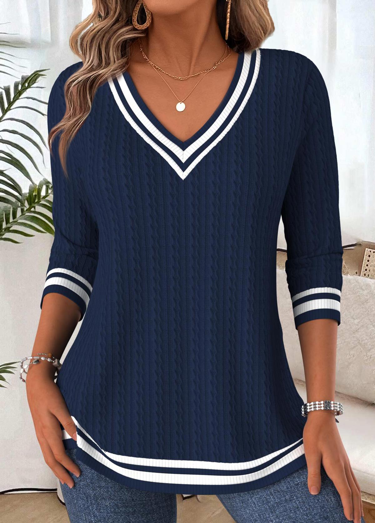 Tummy Coverage Navy Long Sleeve V Neck T Shirt