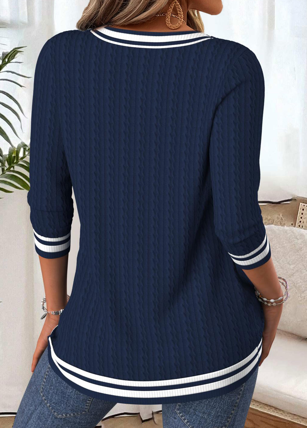 Tummy Coverage Navy Long Sleeve V Neck T Shirt