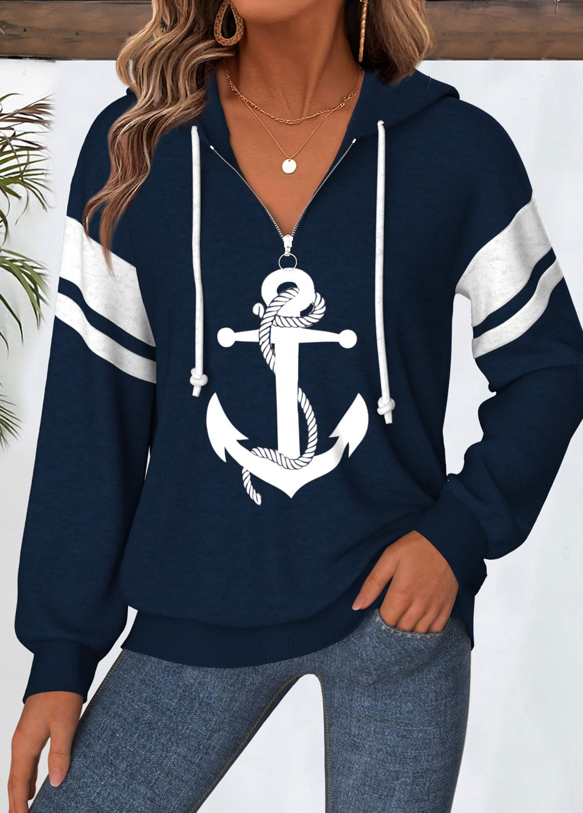 Geometric Print Tummy Coverage Navy Long Sleeve Hoodie