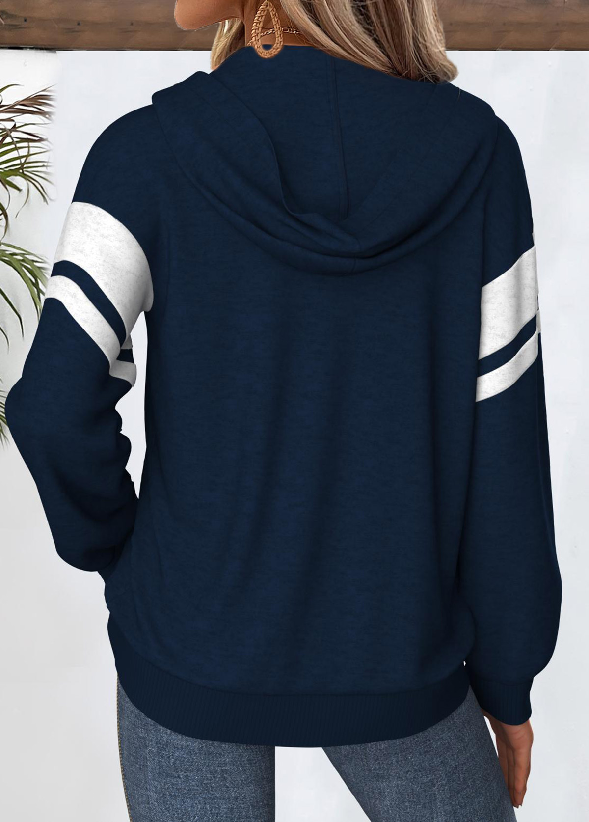 Geometric Print Tummy Coverage Navy Long Sleeve Hoodie