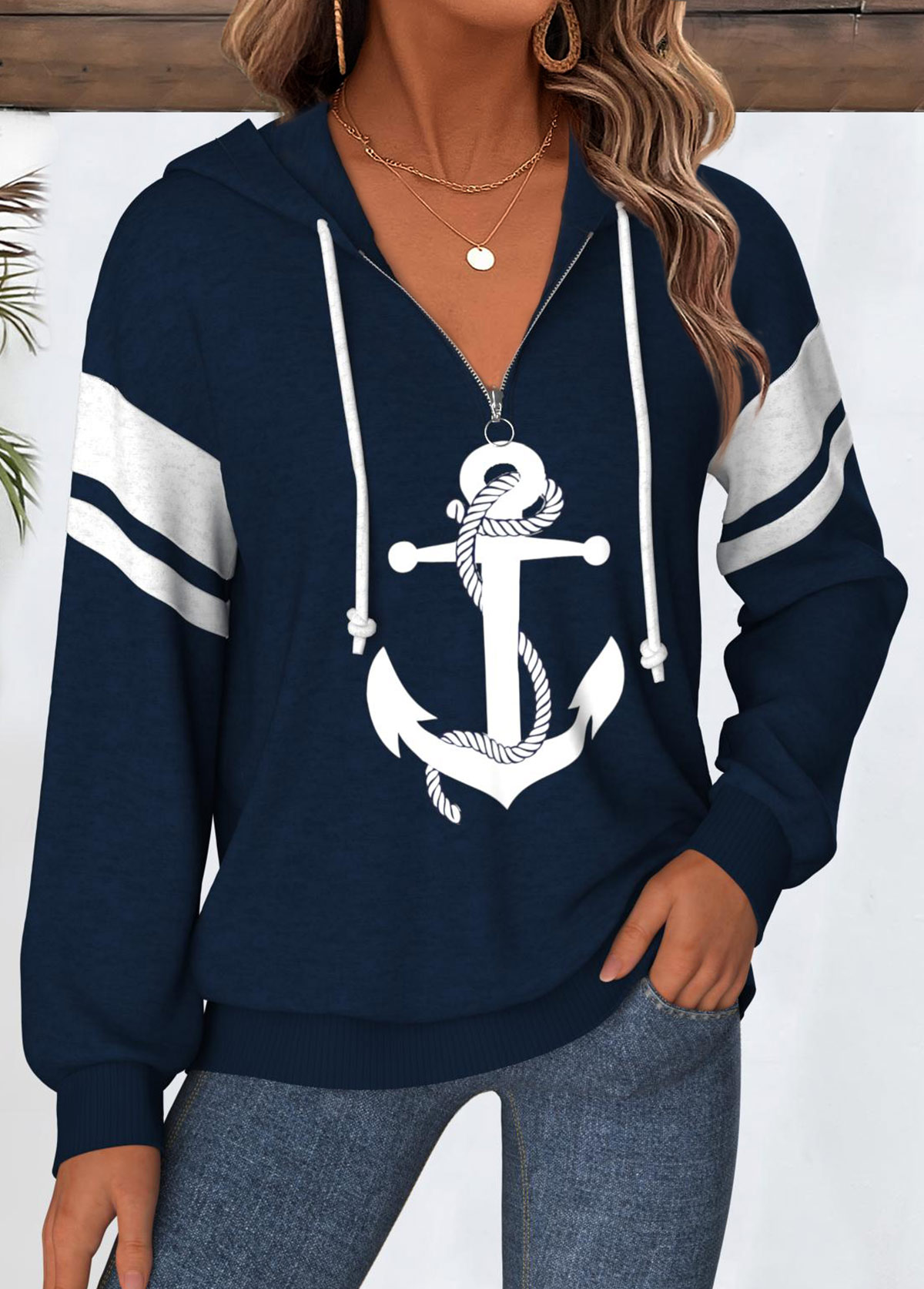 Geometric Print Tummy Coverage Navy Long Sleeve Hoodie